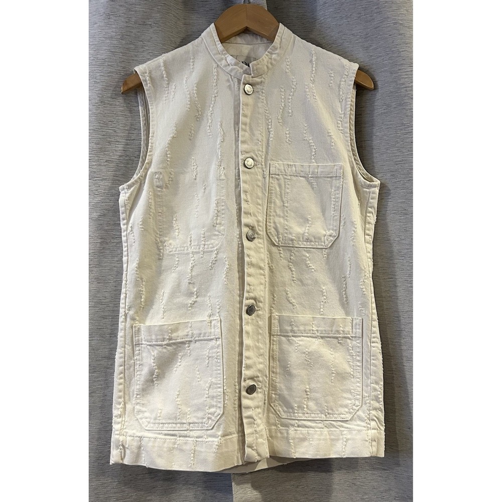Zara Cotton Textured Collarless Sleeveless Button Up Multi Pocket Shirt Jacket